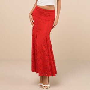 Lulus Passionate Statement Red Floral Lace Mermaid Midi Skirt - Size M